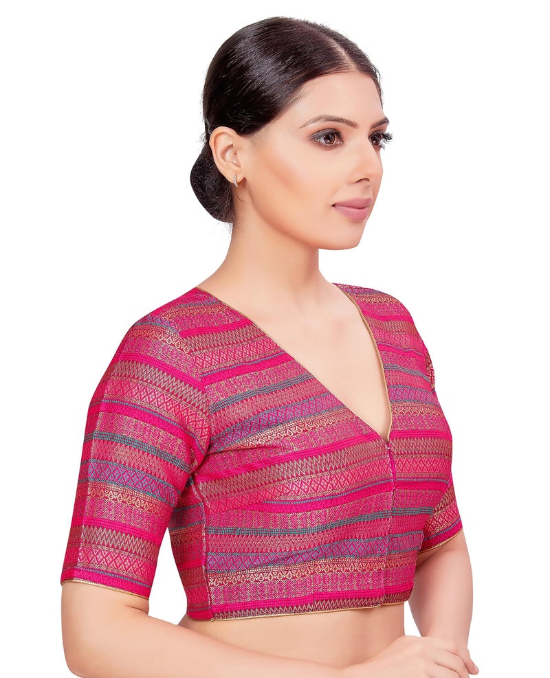 Studio Shringaar Women's Multi-Coloured Brocade Readymade Saree Half Sleeve Blouse (Multi-Color, 38) - Image 4