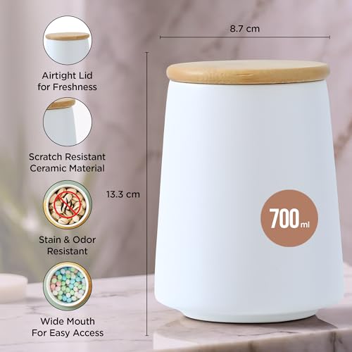 UMAI Ceramic Jar Kitchen Storage With Bamboo Lid | Kitchen Accessories Items | Airtight Kitchen Container For Storage | Multipurpose Jar For Pickle Dry Fruits Nuts | White | 700ML | BPA Free - Image 4
