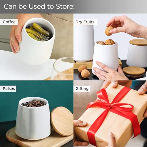 UMAI Ceramic Jar Kitchen Storage With Bamboo Lid | Kitchen Accessories Items | Airtight Kitchen Container For Storage | Multipurpose Jar For Pickle Dry Fruits Nuts | White | 700ML | BPA Free - Image 5
