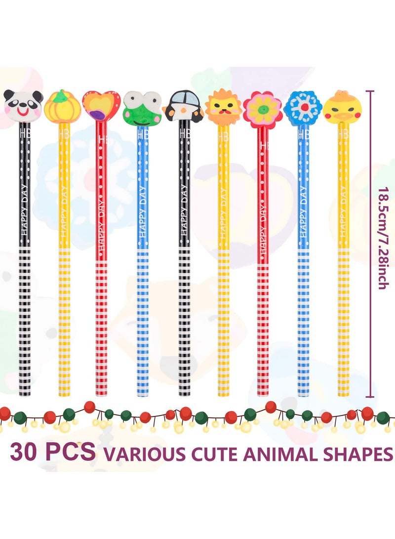 SUNSAR 30 Pieces Assorted Colorful Cartoon Animal Pencils Wooden Pencils Novelty Cartoon Dot &Stripe Pencils With Animals Eraser(Random) - Image 2
