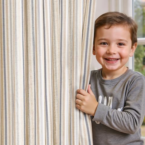 jinchan Colorful Linen Curtains for Nursery Living Room Multi Blue on Beige Striped Curtains for Bedroom Cute Ticking Stripe Farmhouse Baby Boys Kids Room Light Filtering Grommet 2 Panels 84 inch - Image 1
