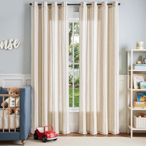 jinchan Colorful Linen Curtains for Nursery Living Room Multi Blue on Beige Striped Curtains for Bedroom Cute Ticking Stripe Farmhouse Baby Boys Kids Room Light Filtering Grommet 2 Panels 84 inch - Image 3