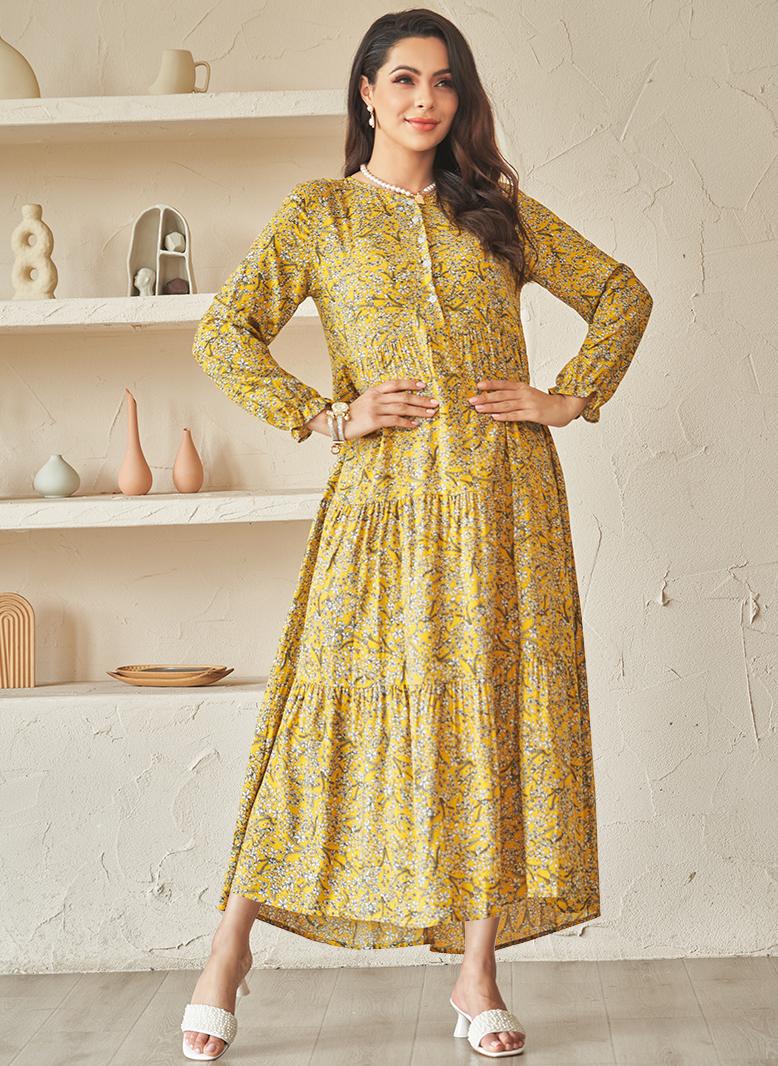 فرايديين لطيف دائري طباعة زهري ازرار مكرمش كم الفانوس فساتين طويلة اصفر - Image 5