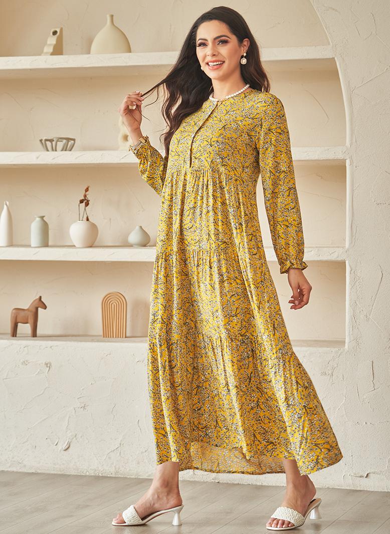 فرايديين لطيف دائري طباعة زهري ازرار مكرمش كم الفانوس فساتين طويلة اصفر - Image 3