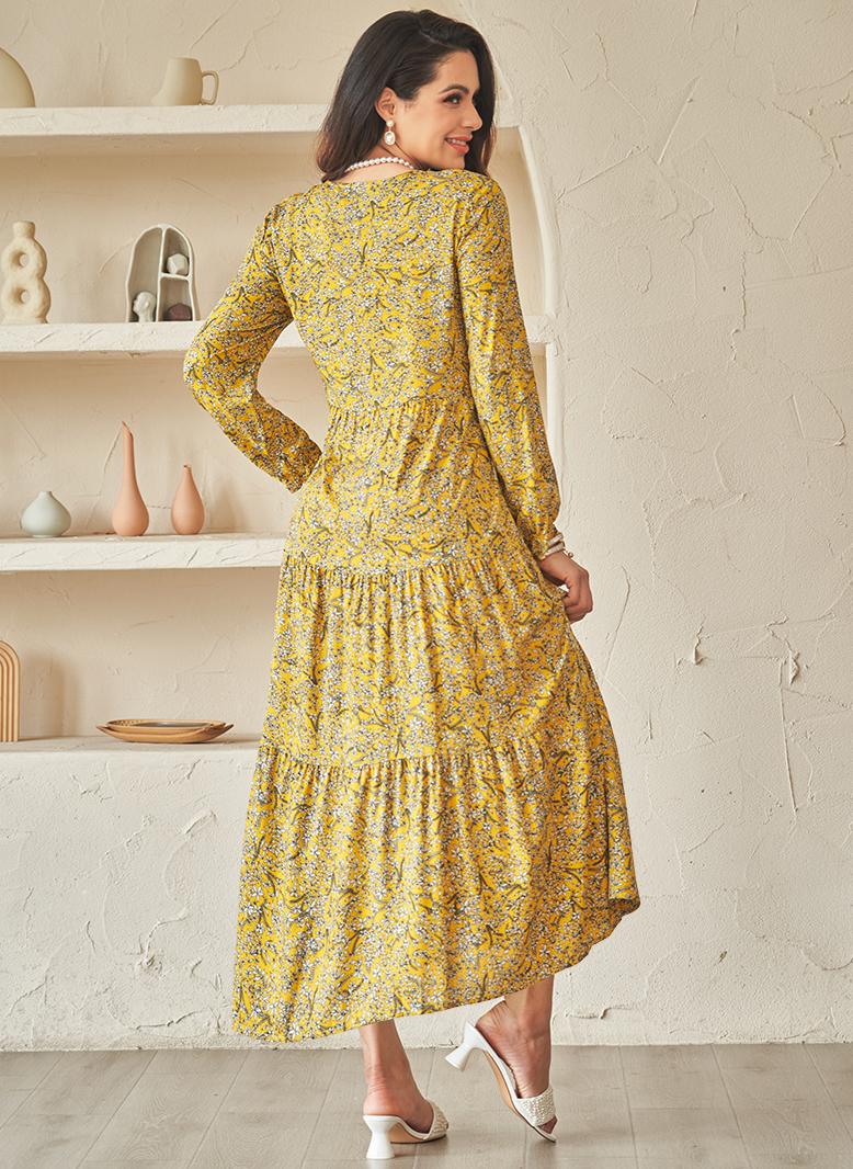 فرايديين لطيف دائري طباعة زهري ازرار مكرمش كم الفانوس فساتين طويلة اصفر - Image 2