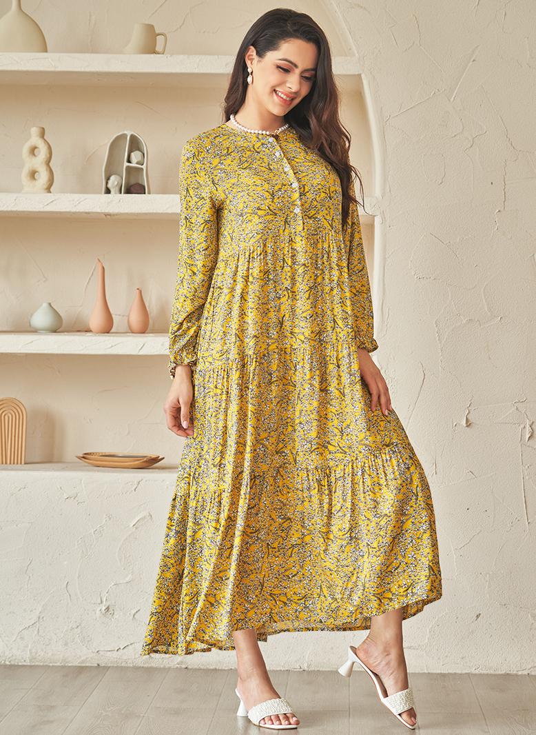 فرايديين لطيف دائري طباعة زهري ازرار مكرمش كم الفانوس فساتين طويلة اصفر - Image 1