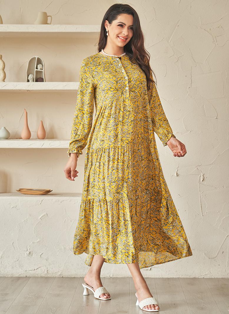 فرايديين لطيف دائري طباعة زهري ازرار مكرمش كم الفانوس فساتين طويلة اصفر - Image 4