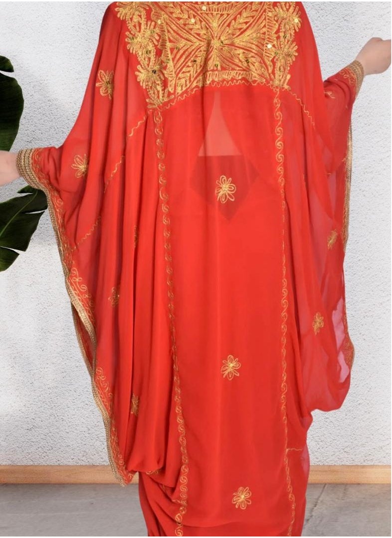 Red Gulf-Style Dress in Indian Chiffon with Golden Embroidery