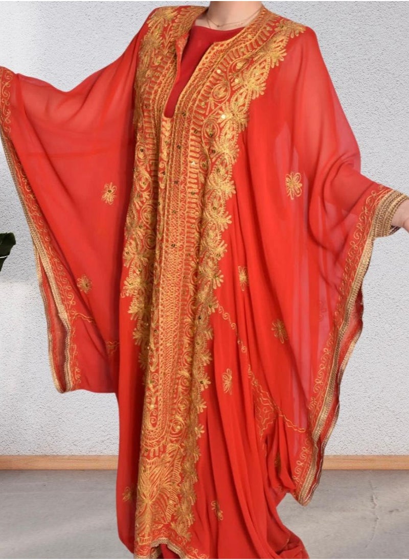 Red Gulf-Style Dress in Indian Chiffon with Golden Embroidery