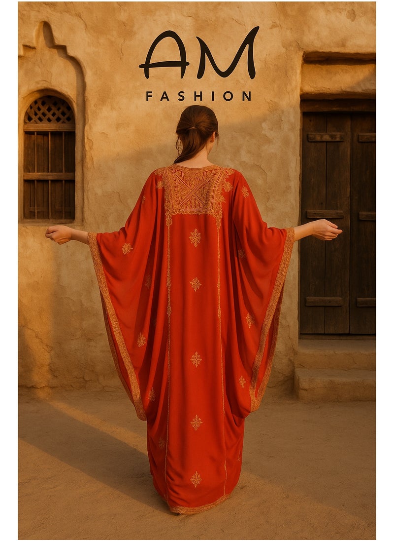 Red Gulf-Style Dress in Indian Chiffon with Golden Embroidery