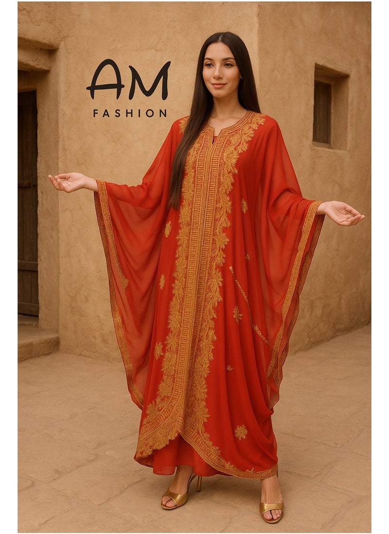Red Gulf-Style Dress in Indian Chiffon with Golden Embroidery
