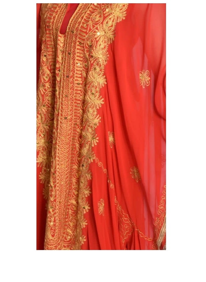 Red Gulf-Style Dress in Indian Chiffon with Golden Embroidery