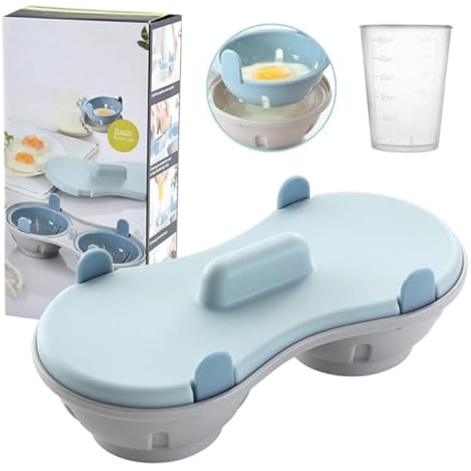 jaffiust The White Shop Egg Poacher Microwavable With Measure Cup Dishwashable Egg Maker Poached Kitchen Gadget Blue - Image 1