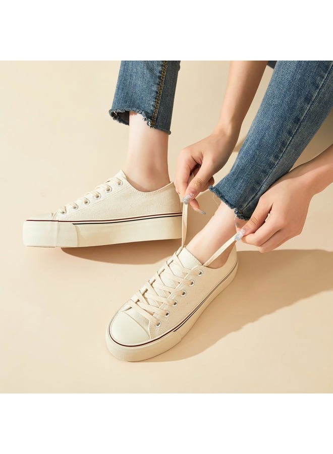 hash bubbie Platform Sneakers for Women White Platform Shoes Low Top Tennis Shoes Non Slip Black Fashion Canvas Sneakers(Beige.US10) - Image 3