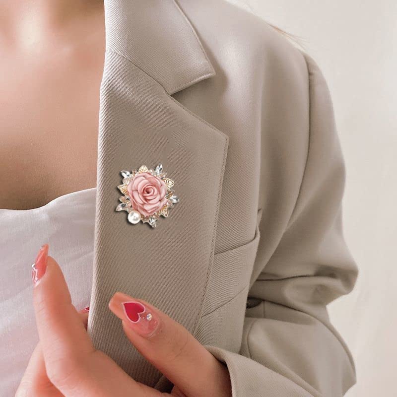 OIDIMS Elegant Rose Flower Brooch Pin for Women Men Wedding Party Gentleman's Essentials Handmade Imitation Crystal Pearl Fabric Flowers Lapel Pin Dress Suit Accessories Boutonniere Ideas Gift (Pink) - Image 3