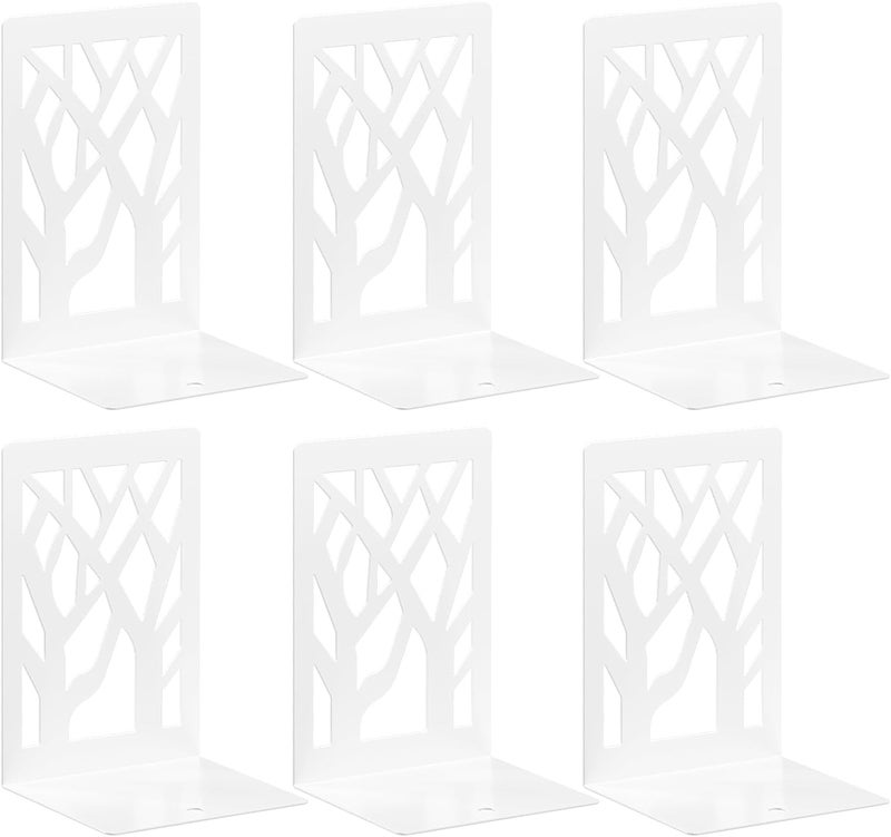 VFINE Withe Bookends, 6 Pieces Tree Design Bookends for Shelves, Metal Book Ends for Desk, Bookshelf Bookends Decoration Stylish Metal Book Ends for Home Office School Supplies - Image 1