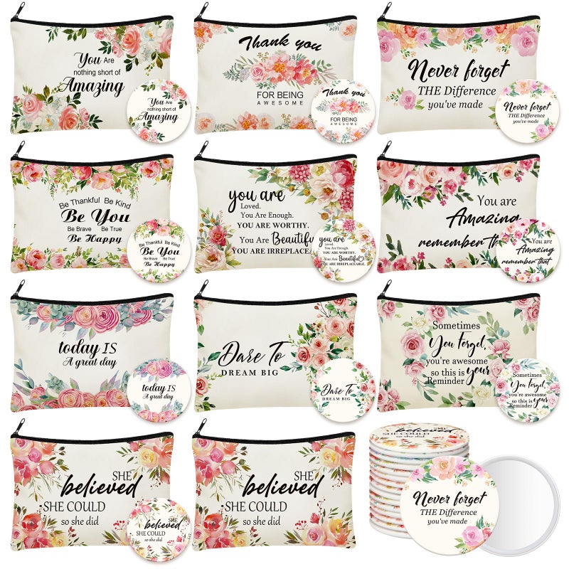 Kacctyen 20 Pcs Floral Inspirational Gifts Canvas Cosmetic Bags Compact Mirrors Makeup Bags Thank You Travel Toiletry Pouch Bulk Mothers Day Gift for Church Mom Women Teacher Coworker Employee - Image 1