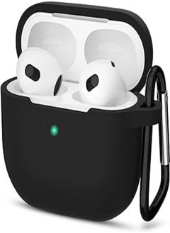 Sounce Earphone Case Cover Compatible with Airpods 3 Soft Silicone Skin Case Cover Shock-Absorbing Protective Case with Keychain [Front LED Visible] – Black