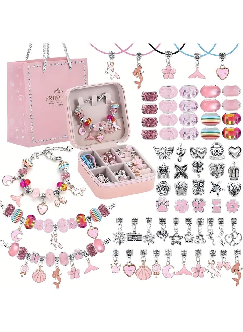 66PCS Charm Bracelet Making Kit for Girls with Jewelry Box, DIY Bracelet Craft Set with Charms & Beads, Creative Jewelry Making Gift for Kids Ages 3-12, Pink - Image 1