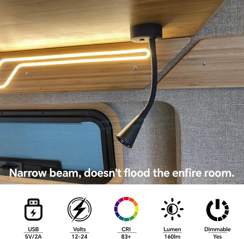 acegoo مصباح قراءة LED 12V من للقوارب والمركبات الترفيهية مع شاحن USB وعنق مرن قابل للتعتيم، للإضاءة الداخلية للشاحنات والمقطورات والسيارات، يعمل بتيار مستمر 24 فولت، تركيب سطحي بسلك ثابت. - Image 3