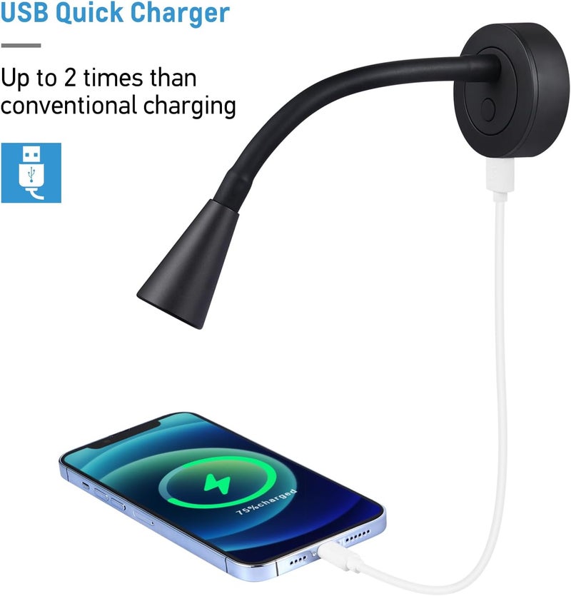 acegoo مصباح قراءة LED 12V من للقوارب والمركبات الترفيهية مع شاحن USB وعنق مرن قابل للتعتيم، للإضاءة الداخلية للشاحنات والمقطورات والسيارات، يعمل بتيار مستمر 24 فولت، تركيب سطحي بسلك ثابت. - Image 2