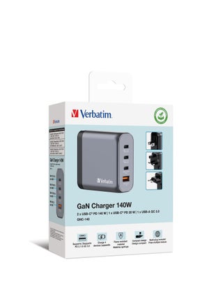 Verbatim GaN Charger 140 W, 4 Ports USB-C Charger, Power Adapter with 3 x USB-C and 1 x USB-A, Fast Charger as Multiple Plug, for Apple MacBook, Notebook, iPad, iPhone - pzsku/Z3A8B035B8C61A2B5E834Z/45/_/1725718110/48a1166b-e484-4250-9e04-520f18b59add