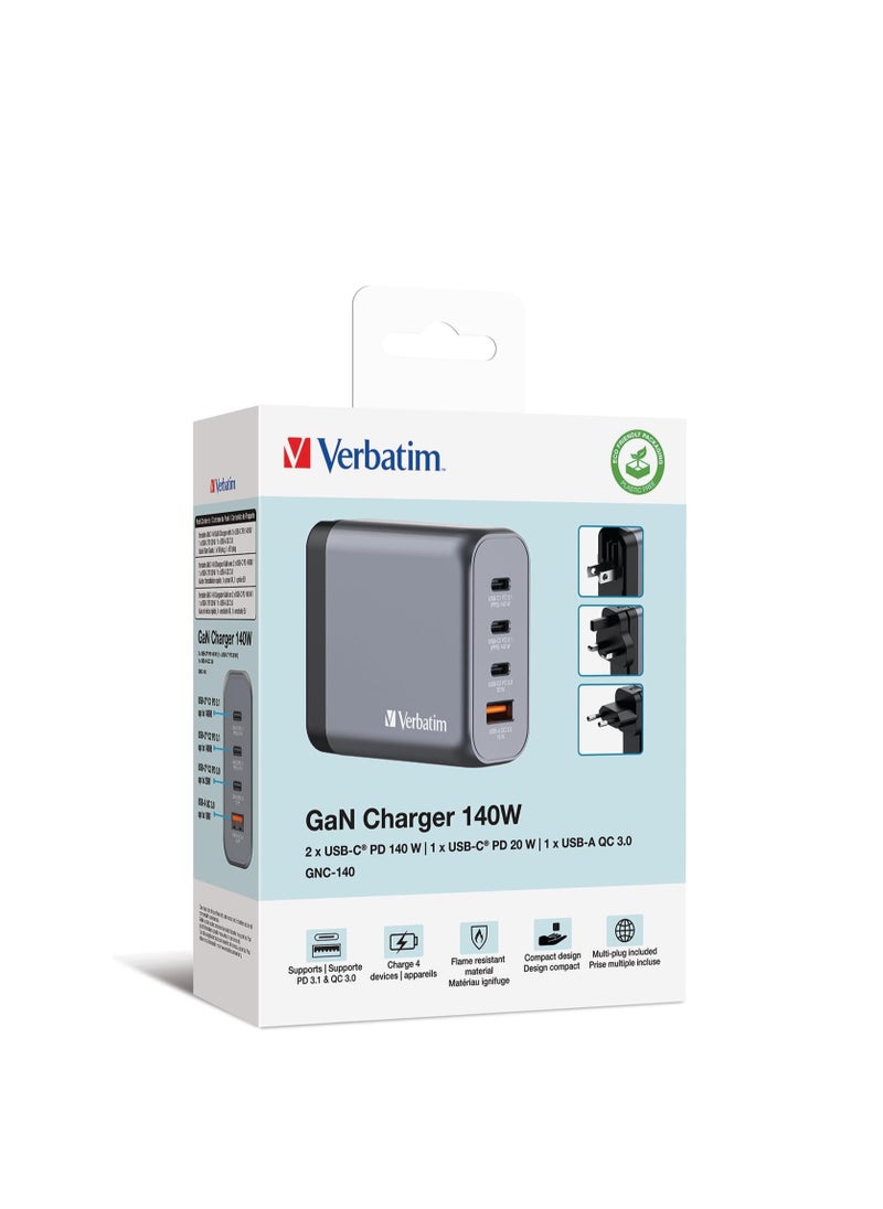 VERBATIM - Verbatim GaN Charger 140 W, 4 Ports USB-C Charger, Power Adapter with 3 x USB-C and 1 x USB-A, Fast Charger as Multiple Plug, for Apple MacBook, Notebook, iPad, iPhone - Image 1