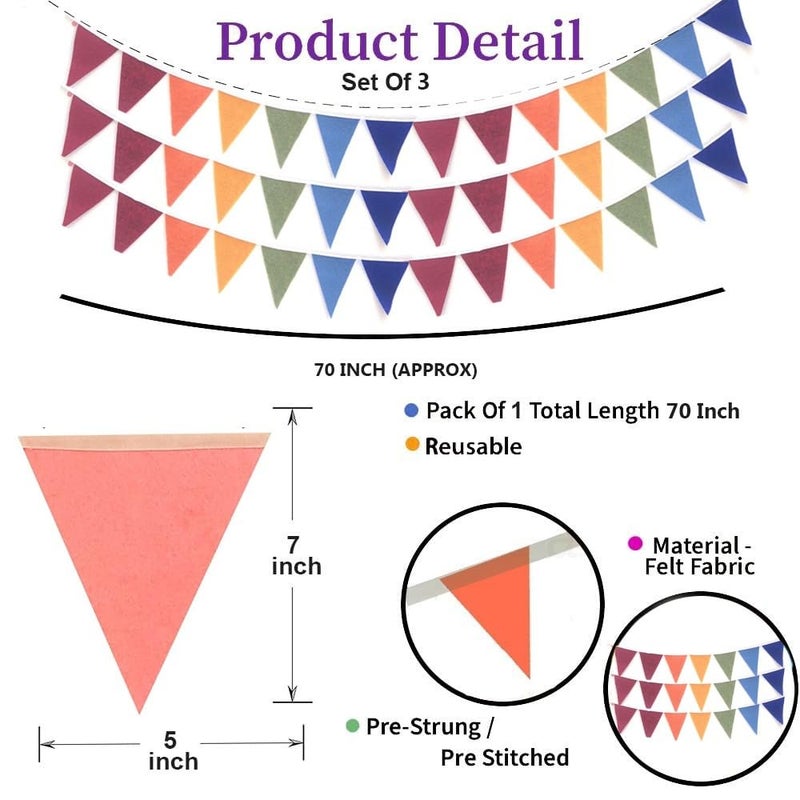 Pop The Party POP THE PARTY Rainbow Triangle Felt Pastel Fabric Flag Birthday Party Decoration Baby Shower Window Decorations and Children's Living Room Decorations 2 Meter 36 Flags (Pack of 3)  - Image 2