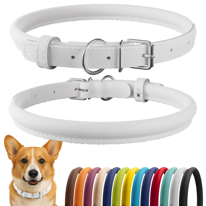 CollarDirect Rolled Leather Dog Collar, Soft Padded Round Puppy Collar, Handmade Genuine Leather Collar Dog Small Large Cat Collars 13 Colors (11-14 Inch, White Smooth) - Image 1