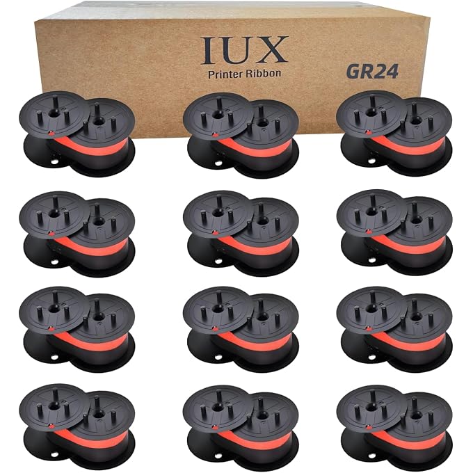 GR24 Universal Twin Spool Calculator Ribbon Compatible with Porelon 11216, Sharp EL-1197PIII, EL-2196BL, MP11DX, Nukote BR80c, Casio DR-210R, FR-2650TM, GR24 (Black/Red) Pack of 12