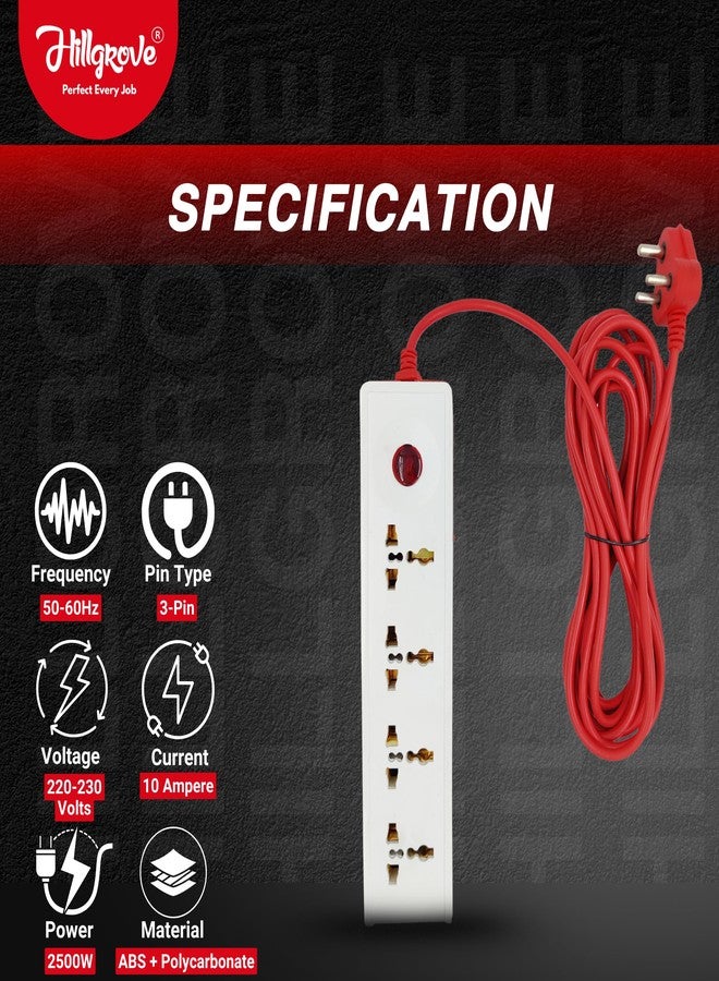 Hillgrove 5 Meter Long Cable Power Extension Board with 4 Universal Socket and 1 Switch Surge Protector Board for Computer/Laptop/Fridge 4 Socket Extension Boards (White) - Image 3