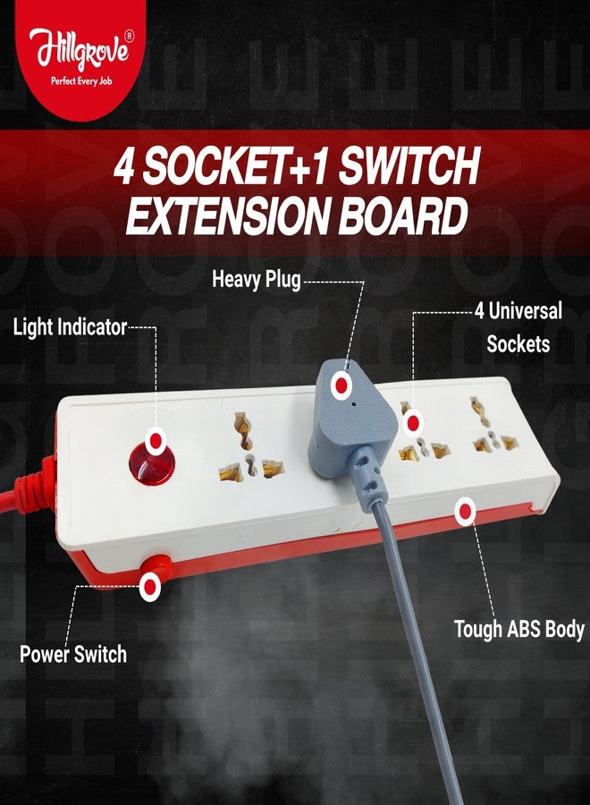Hillgrove 5 Meter Long Cable Power Extension Board with 4 Universal Socket and 1 Switch Surge Protector Board for Computer/Laptop/Fridge 4 Socket Extension Boards (White) - Image 2