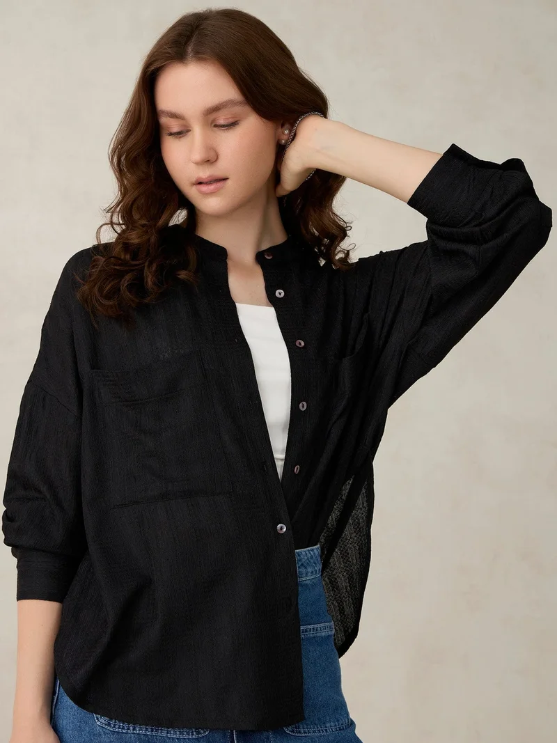 أوجيدر قميص سادة أسود مزخرف