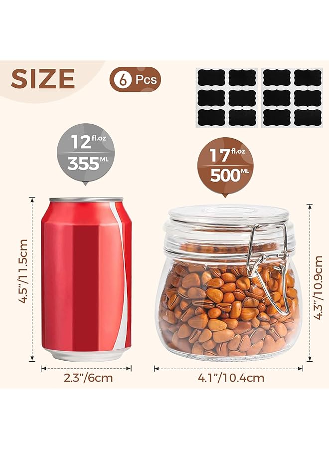 كومساف مجموعة من 6 عبوات زجاجية محكمة الغلق مع أغطية، سعة 17 أونصة، حاوية تخزين دائرية للطعام مع ختم شفاف ومشبك سلكي للتثبيت في المطبخ، لتعليب الحبوب والمعكرونة والسكر والفاصوليا والتوابل - Image 2