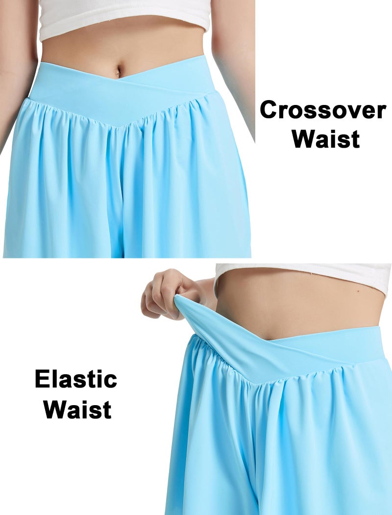 EXARUS Girls Butterfly Shorts Crossover Flowy Athletic 2 in 1 Flutter with Pockets Dance Cheer Running for Kids Blue 8Y - Image 2
