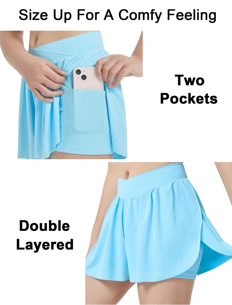 EXARUS Girls Butterfly Shorts Crossover Flowy Athletic 2 in 1 Flutter with Pockets Dance Cheer Running for Kids Blue 8Y - Image 4