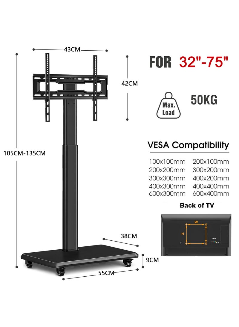 Chulovs Universal Rolling Floor TV Stand with Wheels: 80° Swivel, Height - Adjustable, Fits 32 - 75 Inch LCD/LED/OLED TVs, Supports up to 50 kg, Max VESA 600x400mm  - Image 2