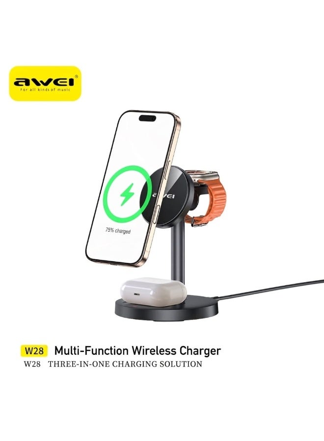 أوي Awei 3-in-1 Magnetic Wireless Charger – For charging iPhones, Huawei phones, smartwatches and earbuds – Fast and safe charging for all your devices black - Image 1