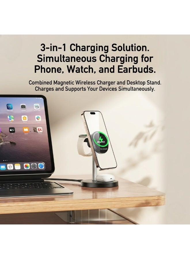أوي Awei 3-in-1 Magnetic Wireless Charger – For charging iPhones, Huawei phones, smartwatches and earbuds – Fast and safe charging for all your devices black - Image 4