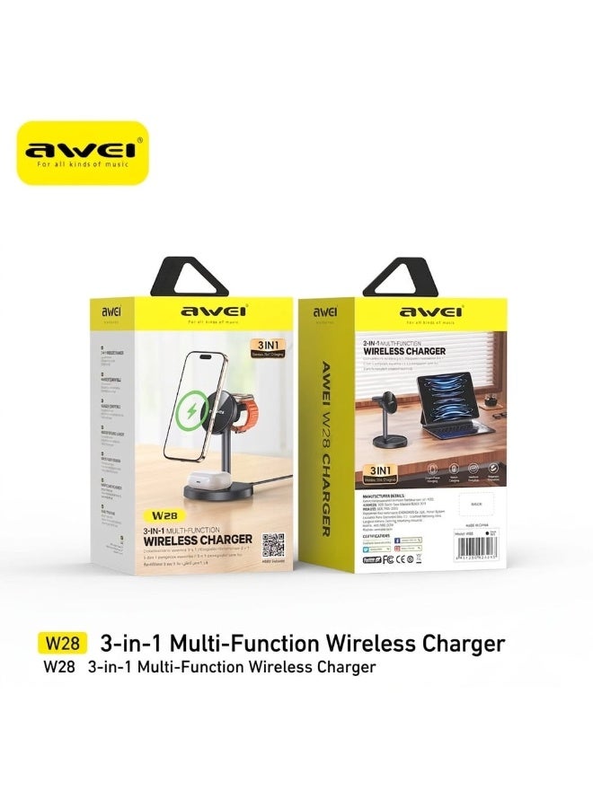 أوي Awei 3-in-1 Magnetic Wireless Charger – For charging iPhones, Huawei phones, smartwatches and earbuds – Fast and safe charging for all your devices black - Image 2