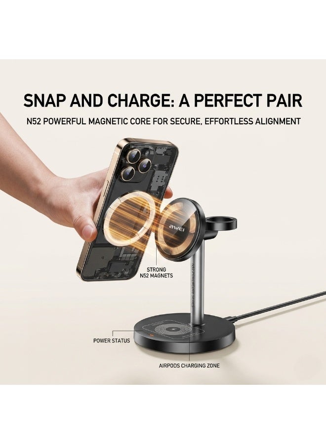 أوي Awei 3-in-1 Magnetic Wireless Charger – For charging iPhones, Huawei phones, smartwatches and earbuds – Fast and safe charging for all your devices black - Image 3