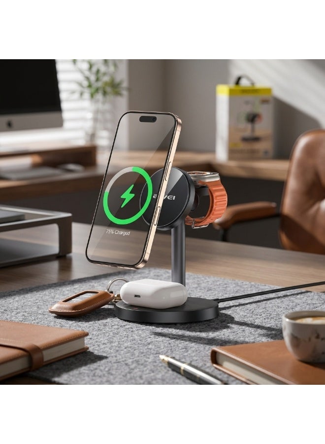 أوي Awei 3-in-1 Magnetic Wireless Charger – For charging iPhones, Huawei phones, smartwatches and earbuds – Fast and safe charging for all your devices black - Image 5