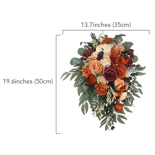 Rinlong Fall Cascading Wedding Bouquets for Bride Burnt Orange Cascade Bridal Bouquet for Wedding Terracotta Artificial Silk Flowers Bouquet - Image 2