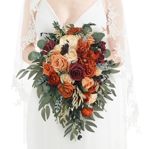 Rinlong Fall Cascading Wedding Bouquets for Bride Burnt Orange Cascade Bridal Bouquet for Wedding Terracotta Artificial Silk Flowers Bouquet - Image 1