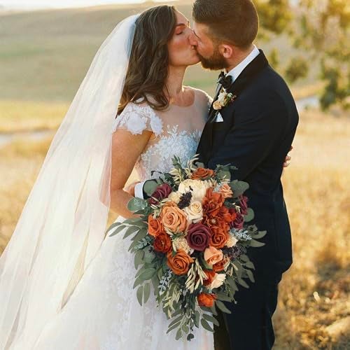 Rinlong Fall Cascading Wedding Bouquets for Bride Burnt Orange Cascade Bridal Bouquet for Wedding Terracotta Artificial Silk Flowers Bouquet - Image 5