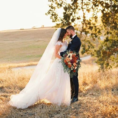 Rinlong Fall Cascading Wedding Bouquets for Bride Burnt Orange Cascade Bridal Bouquet for Wedding Terracotta Artificial Silk Flowers Bouquet - Image 4