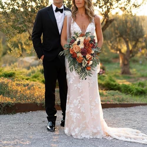 Rinlong Fall Cascading Wedding Bouquets for Bride Burnt Orange Cascade Bridal Bouquet for Wedding Terracotta Artificial Silk Flowers Bouquet - Image 3