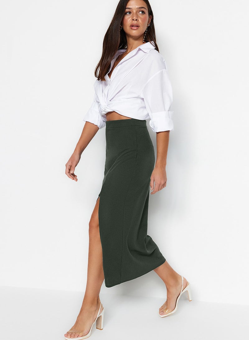 trendyol Khaki Smart Crepe Slit Detailed Maxi High Waist Stretch Knitted Skirt TWOSS23ET00351 - Image 3