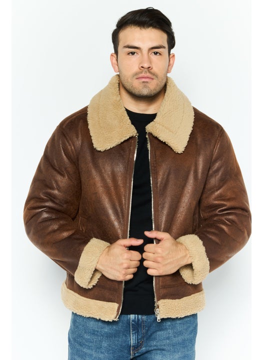 Men Solid Motorcycle Jacket, Brown