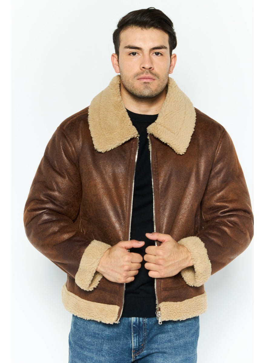 Men Solid Motorcycle Jacket, Brown